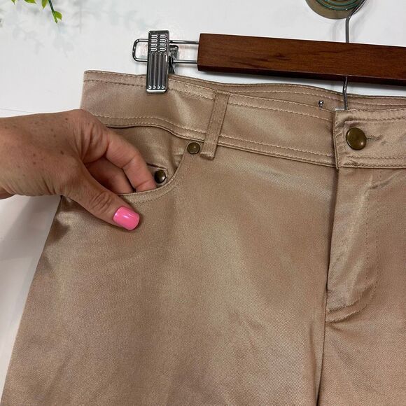 Cache Gold Dress Pants Womens 10 Beige Flare Leg Stretch Cotton Trouser Shiny - Picture 5 of 15
